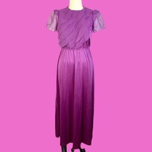 Vintage 70s Purple Maxi Dress, Flowy Lacy Romantic Chiffon, Size Small